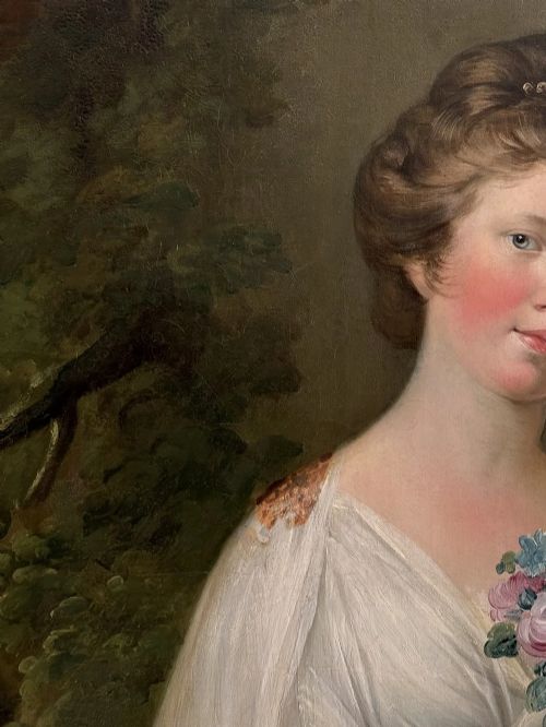 fig 6. An 18th-century oil painting depicting a seated woman in a draped white gown holding a floral corsage and an oval object beside a pink cushion.