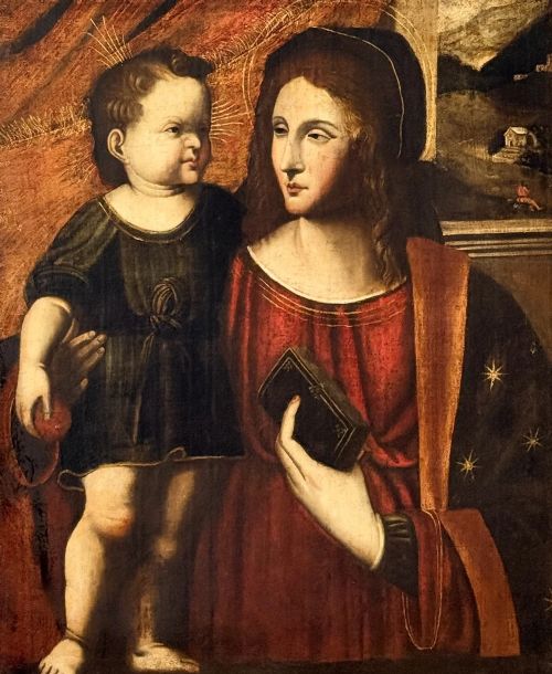 fig 6. An oil on canvas painting featuring the Virgin Mary holding a small book alongside the Christ Child, enclosed in a dark ebonised frame with a gilt inner border.