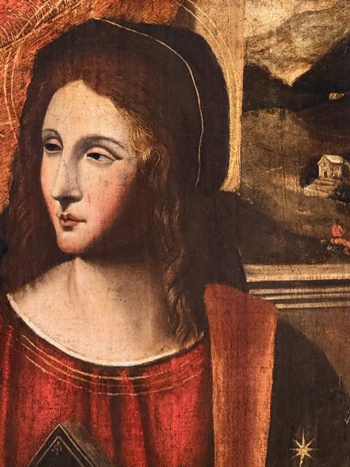 fig 2. An oil on canvas painting featuring the Virgin Mary holding a small book alongside the Christ Child, enclosed in a dark ebonised frame with a gilt inner border.