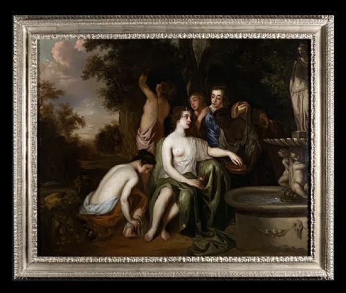 fig 1. An oil painting depicting a mythological scene of the goddess Diana and her attending nymphs seated near a sculpted stone fountain.
