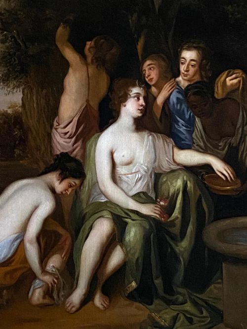 fig 2. An oil painting depicting a mythological scene of the goddess Diana and her attending nymphs seated near a sculpted stone fountain.