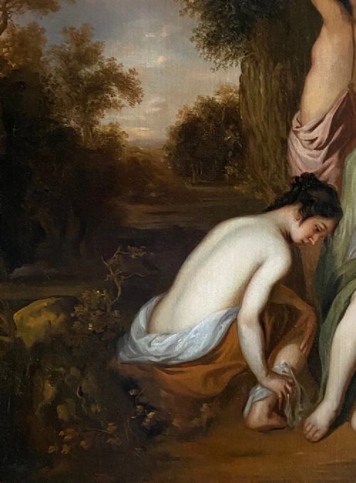 fig 3. An oil painting depicting a mythological scene of the goddess Diana and her attending nymphs seated near a sculpted stone fountain.