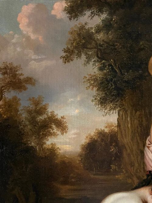 fig 4. An oil painting depicting a mythological scene of the goddess Diana and her attending nymphs seated near a sculpted stone fountain.