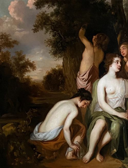 fig 6. An oil painting depicting a mythological scene of the goddess Diana and her attending nymphs seated near a sculpted stone fountain.