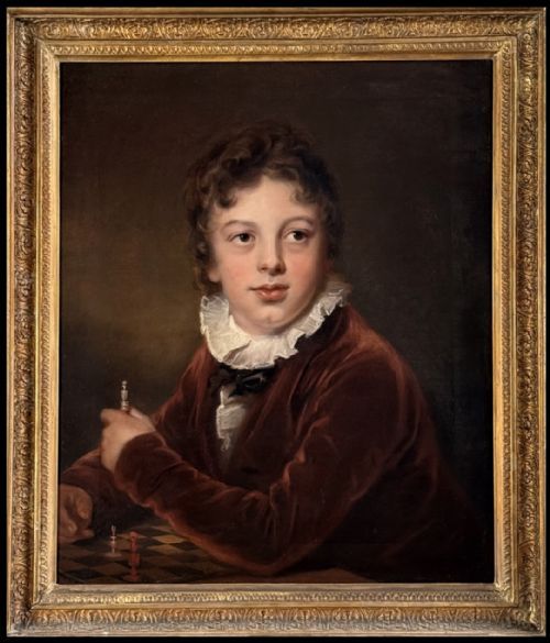 fig 1. An antique oil painting depicting a young boy in a brown velvet coat with a white ruffled collar holding a chess piece.