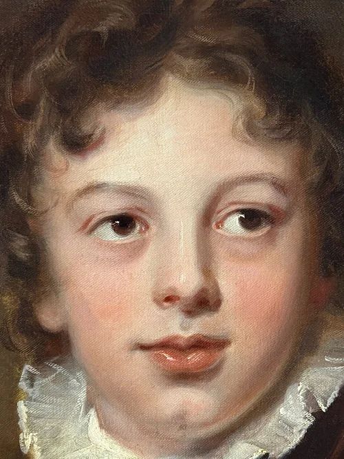fig 3. An antique oil painting depicting a young boy in a brown velvet coat with a white ruffled collar holding a chess piece.