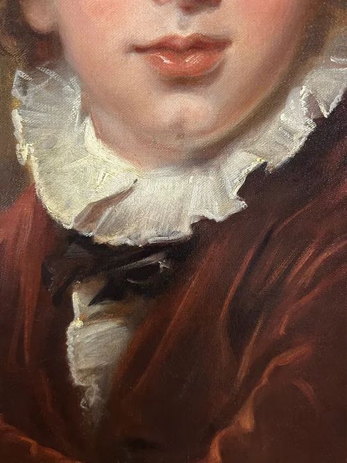 fig 4. An antique oil painting depicting a young boy in a brown velvet coat with a white ruffled collar holding a chess piece.