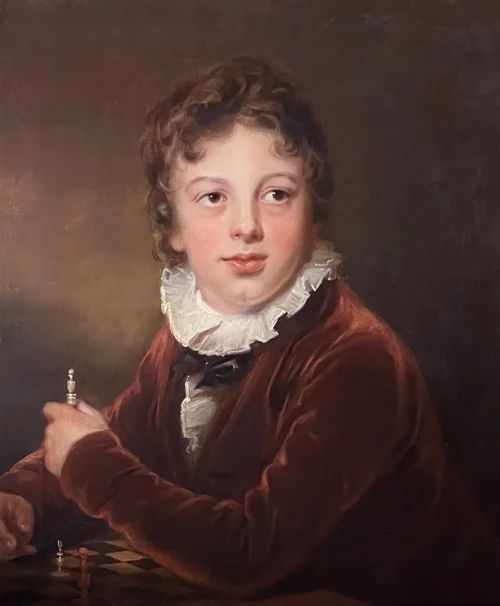 fig 6. An antique oil painting depicting a young boy in a brown velvet coat with a white ruffled collar holding a chess piece.