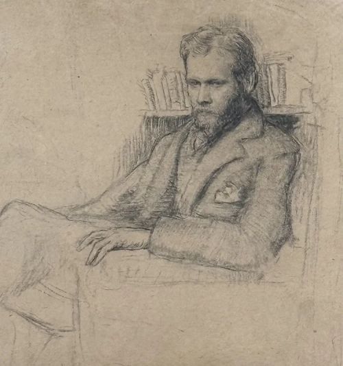 fig 1. A monochrome pencil study depicting a seated bearded man wearing a suit jacket positioned against a backdrop of books on a shelf.
