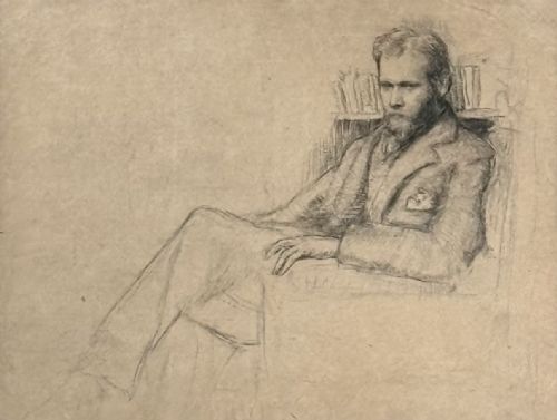 fig 2. A monochrome pencil study depicting a seated bearded man wearing a suit jacket positioned against a backdrop of books on a shelf.
