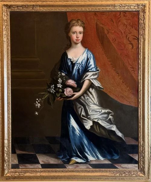 fig 1. An 18th-century oil painting depicting a lady in a draped blue dress holding a flower basket, set in an ornate gilt frame.