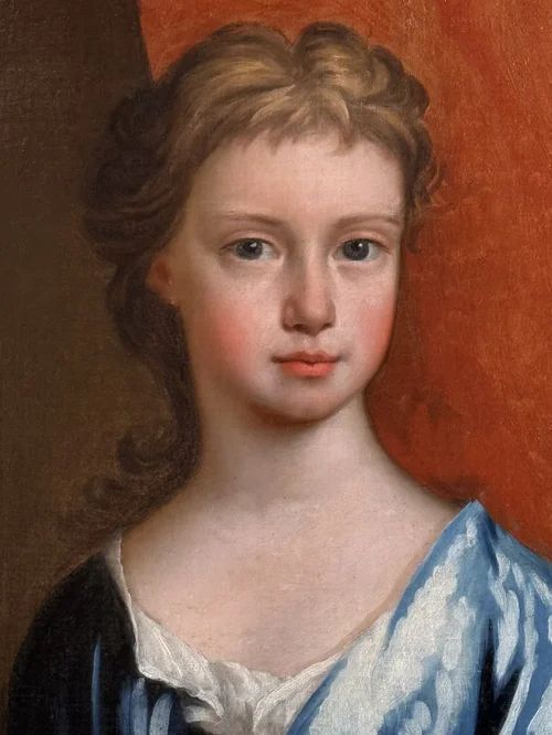 fig 2. An 18th-century oil painting depicting a lady in a draped blue dress holding a flower basket, set in an ornate gilt frame.