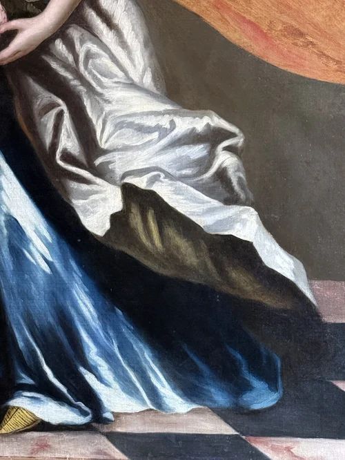 fig 4. An 18th-century oil painting depicting a lady in a draped blue dress holding a flower basket, set in an ornate gilt frame.