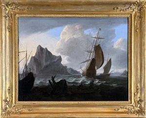 fig 1. An oil painting depicting Dutch sailing vessels in choppy water beside a rocky outcrop, encased in a carved gold frame.