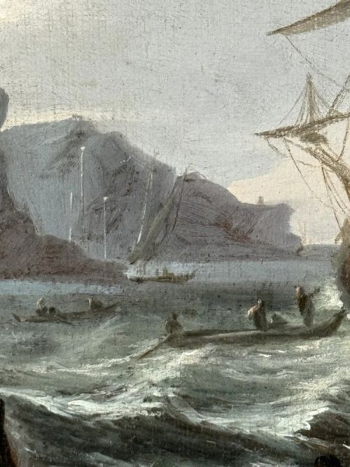 fig 3. An oil painting depicting Dutch sailing vessels in choppy water beside a rocky outcrop, encased in a carved gold frame.