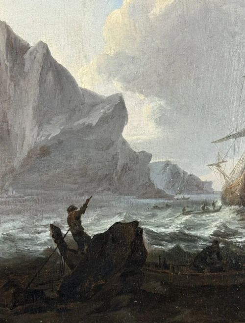 fig 5. An oil painting depicting Dutch sailing vessels in choppy water beside a rocky outcrop, encased in a carved gold frame.