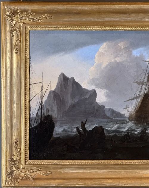 fig 6. An oil painting depicting Dutch sailing vessels in choppy water beside a rocky outcrop, encased in a carved gold frame.