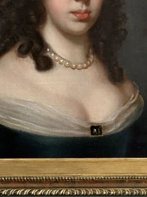 fig 4. A 17th-century oil portrait of a woman with dark ringlets, wearing a pearl necklace and a dark dress against a plain background.