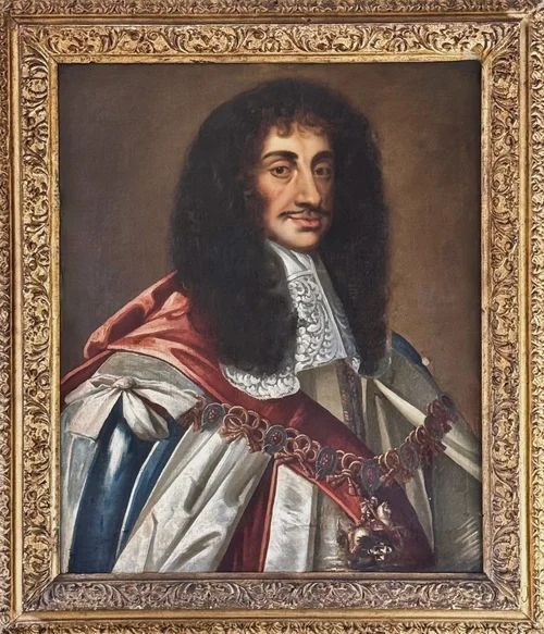 fig 3. A seventeenth-century oil portrait of King Charles II depicting a long periwig, detailed lace cravat, and a draped red mantle.