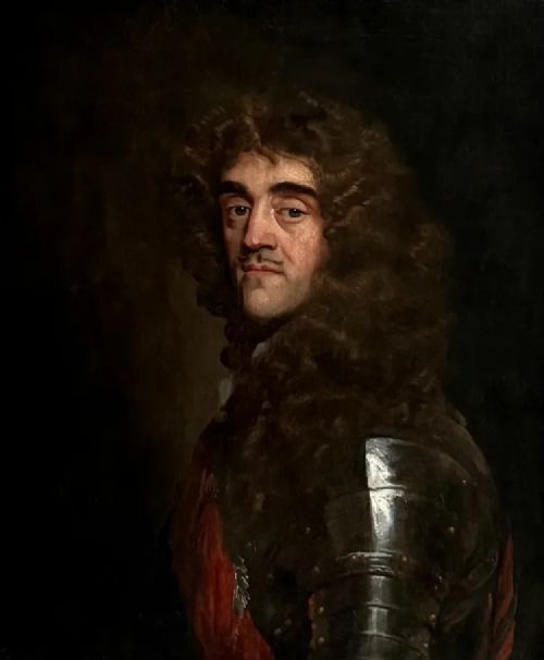 fig 7. A half-length oil painting depicting a 17th-century gentleman with long dark curled hair wearing polished steel plate armour over a red sash against a dark backdrop.