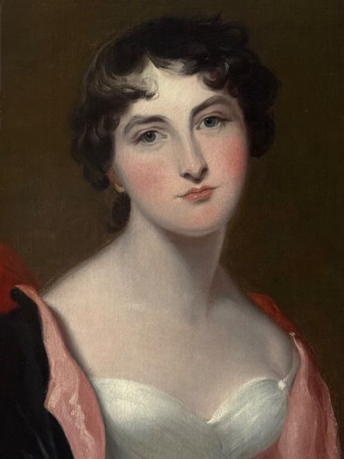 fig 2. A Regency period half-length oil portrait painting depicting a young woman with dark curls, wearing a white Empire dress and a red draped shawl against a dark background.