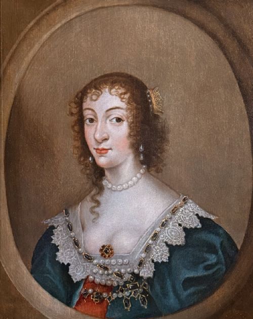 School of Van Dyck - 17th Century Oil on Panel Portrait of Queen Henrietta Maria (1609-1669).