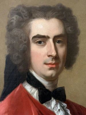 fig 5. An eighteenth-century oil portrait of a gentleman in a scarlet coat with a white cravat, set inside a carved giltwood frame.