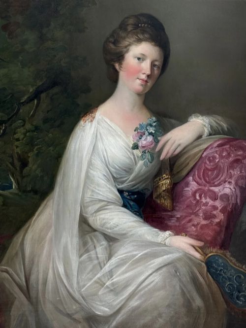 fig 1. An 18th-century oil portrait of a woman wearing a draped white gown and resting against a pink cushion.