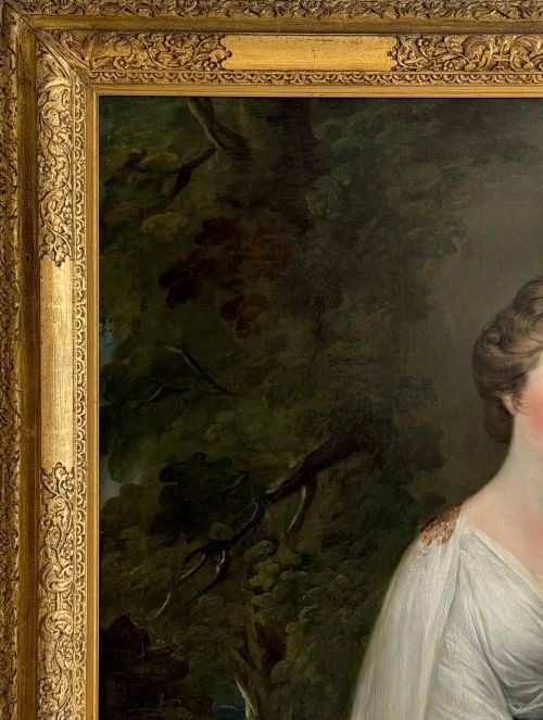 fig 4. An 18th-century oil portrait of a woman wearing a draped white gown and resting against a pink cushion.