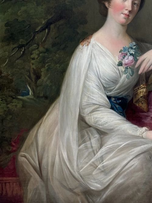 fig 6. An 18th-century oil portrait of a woman wearing a draped white gown and resting against a pink cushion.