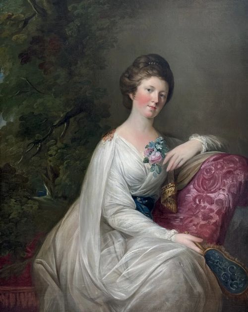 fig 8. An 18th-century oil portrait of a woman wearing a draped white gown and resting against a pink cushion.