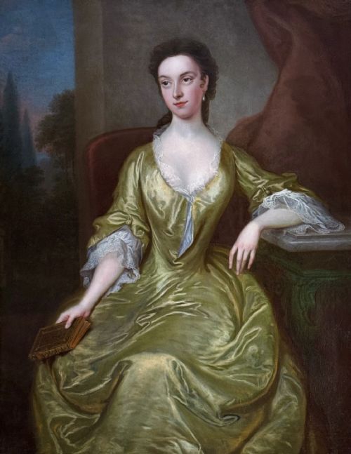 Thomas Bardwell (1704 - 1767) -Portrait of a Lady in a Chartreuse Silk Dress 
