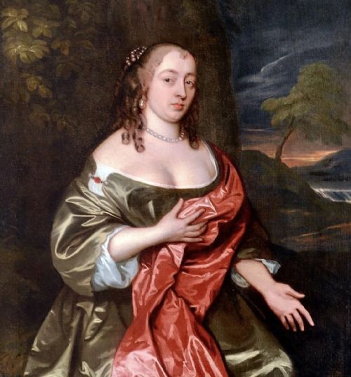 fig 3. An oil painting on canvas depicting a 17th-century seated woman wearing a bronze satin dress with red drapery against an outdoor landscape background.