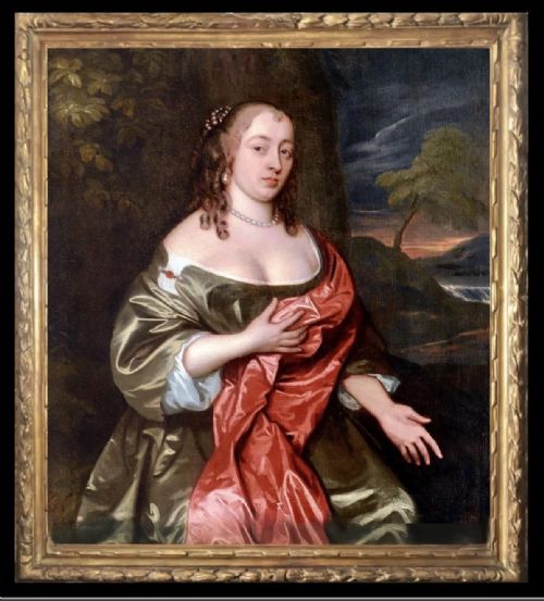 fig 4. An oil painting on canvas depicting a 17th-century seated woman wearing a bronze satin dress with red drapery against an outdoor landscape background.