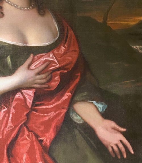 fig 6. An oil painting on canvas depicting a 17th-century seated woman wearing a bronze satin dress with red drapery against an outdoor landscape background.