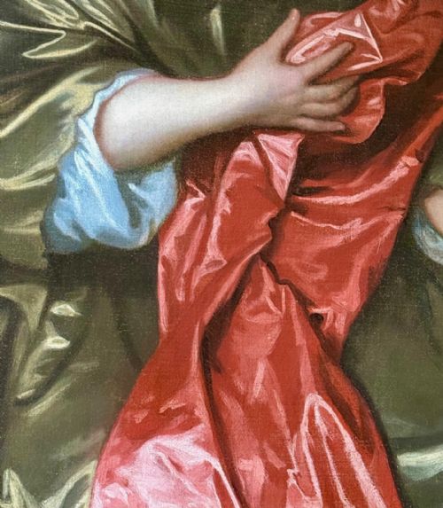 fig 7. An oil painting on canvas depicting a 17th-century seated woman wearing a bronze satin dress with red drapery against an outdoor landscape background.