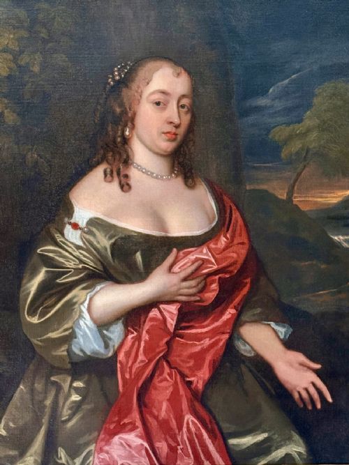 JOHN HAYLS - OIL ON CANVAS PORTRAIT OF A LADY IN AN EXTENSIVE LANDSCAPE