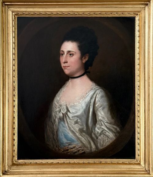 fig 1. An 18th-century oil portrait of a woman wearing a white gown and black choker, set within a feigned oval motif against a dark background.