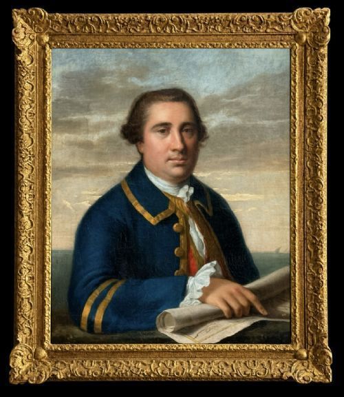 fig 1. An 18th-century oil painting on canvas depicting a merchant navy captain in a blue uniform coat holding a rolled sea chart within an ornate gilt frame.