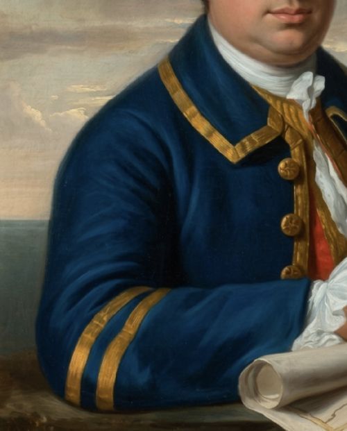 fig 2. An 18th-century oil painting on canvas depicting a merchant navy captain in a blue uniform coat holding a rolled sea chart within an ornate gilt frame.