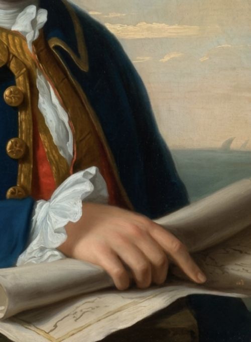 fig 3. An 18th-century oil painting on canvas depicting a merchant navy captain in a blue uniform coat holding a rolled sea chart within an ornate gilt frame.