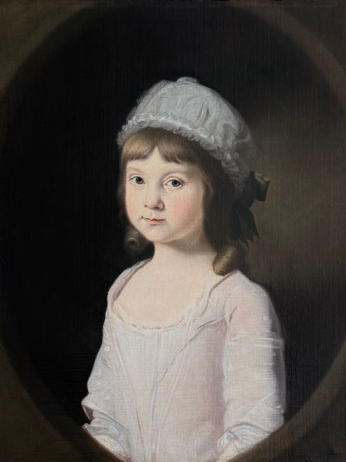 fig 1. An eighteenth-century oil painting on canvas depicting a young girl in a white bonnet and light dress, framed within a feigned oval inside a rectangular gilded wooden frame.