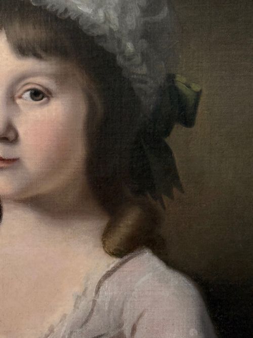 fig 3. An eighteenth-century oil painting on canvas depicting a young girl in a white bonnet and light dress, framed within a feigned oval inside a rectangular gilded wooden frame.