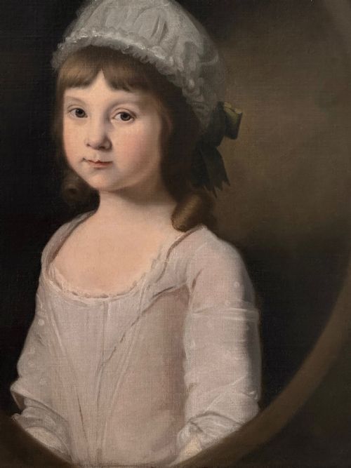 fig 5. An eighteenth-century oil painting on canvas depicting a young girl in a white bonnet and light dress, framed within a feigned oval inside a rectangular gilded wooden frame.