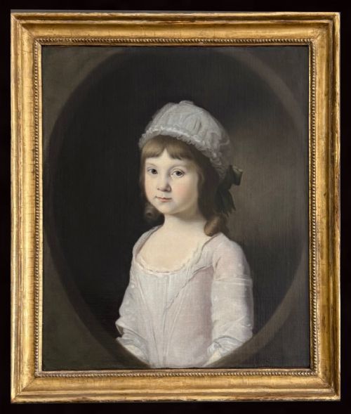 fig 6. An eighteenth-century oil painting on canvas depicting a young girl in a white bonnet and light dress, framed within a feigned oval inside a rectangular gilded wooden frame.