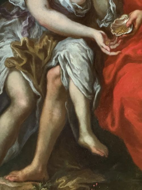 fig 5. An 18th-century circular classical oil painting depicting Apollo and Daphne set within a square gilded timber frame.