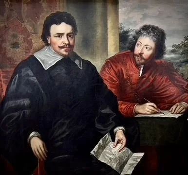 fig 1. An 18th-century oil painting on canvas depicting two seated men in historical attire, presented in a deeply carved gold giltwood frame.