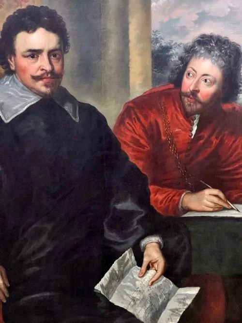 fig 3. An 18th-century oil painting on canvas depicting two seated men in historical attire, presented in a deeply carved gold giltwood frame.