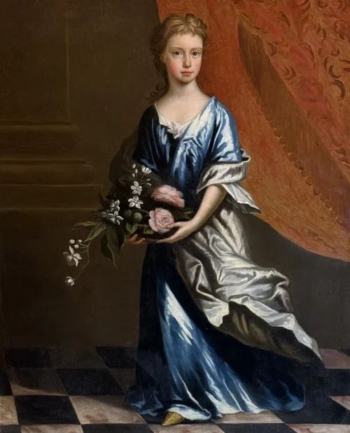 fig 1. An antique full-length oil painting depicting a young female figure in a draped blue satin dress holding a basket of flowers, presented in a carved gold leaf frame.