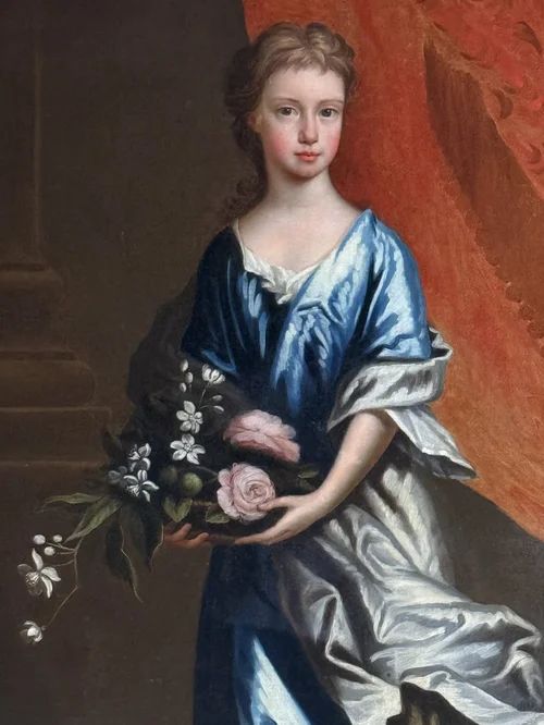 fig 3. An antique full-length oil painting depicting a young female figure in a draped blue satin dress holding a basket of flowers, presented in a carved gold leaf frame.